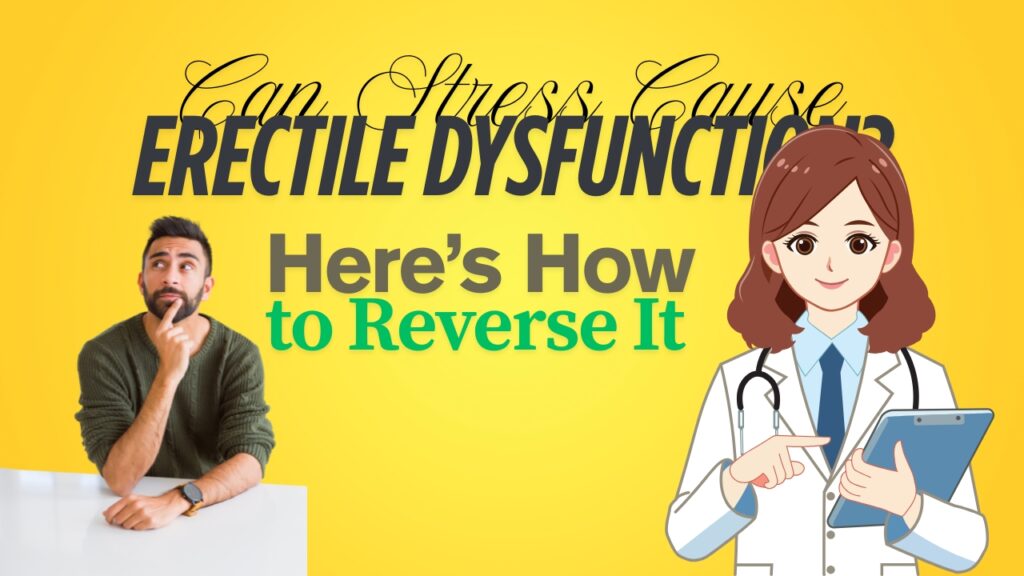 Illustration of a stressed man talking to a female sexologist about erectile dysfunction caused by stress, representing natural ways to reverse ED